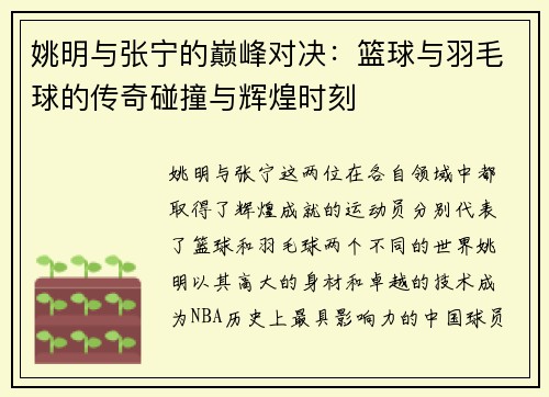 姚明与张宁的巅峰对决：篮球与羽毛球的传奇碰撞与辉煌时刻