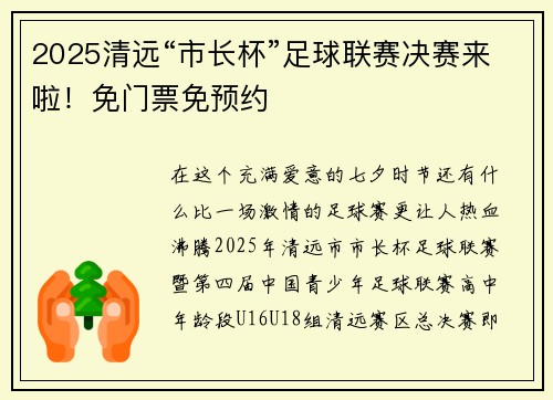 2025清远“市长杯”足球联赛决赛来啦！免门票免预约